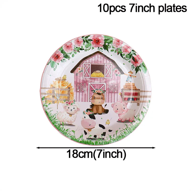 Pink Farm Animals Party Tableware & Decoration Set
