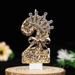 Luxury Gold Glitter Crown Number Birthday Candles, Rhinestone Bow Cake Topper, Atmosphere Decor for Party, Wedding, 18th Birthda