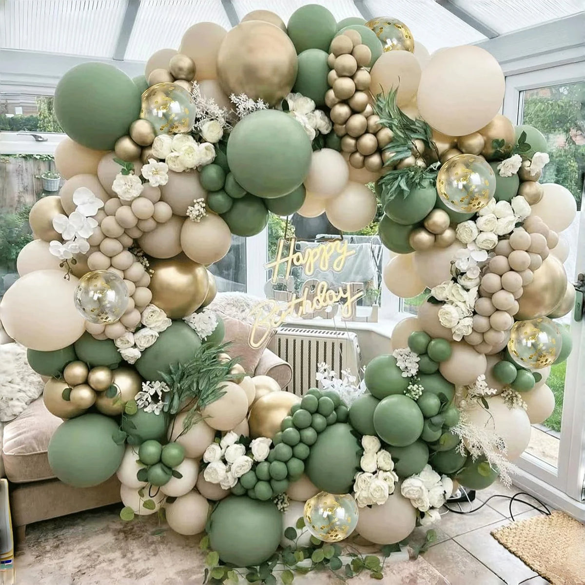 226PCS Sage Green & White Sand Balloon Arch Kit: Green, Beige, Gold Metallic & Confetti Balloons Garland for Birthday, Wedding,