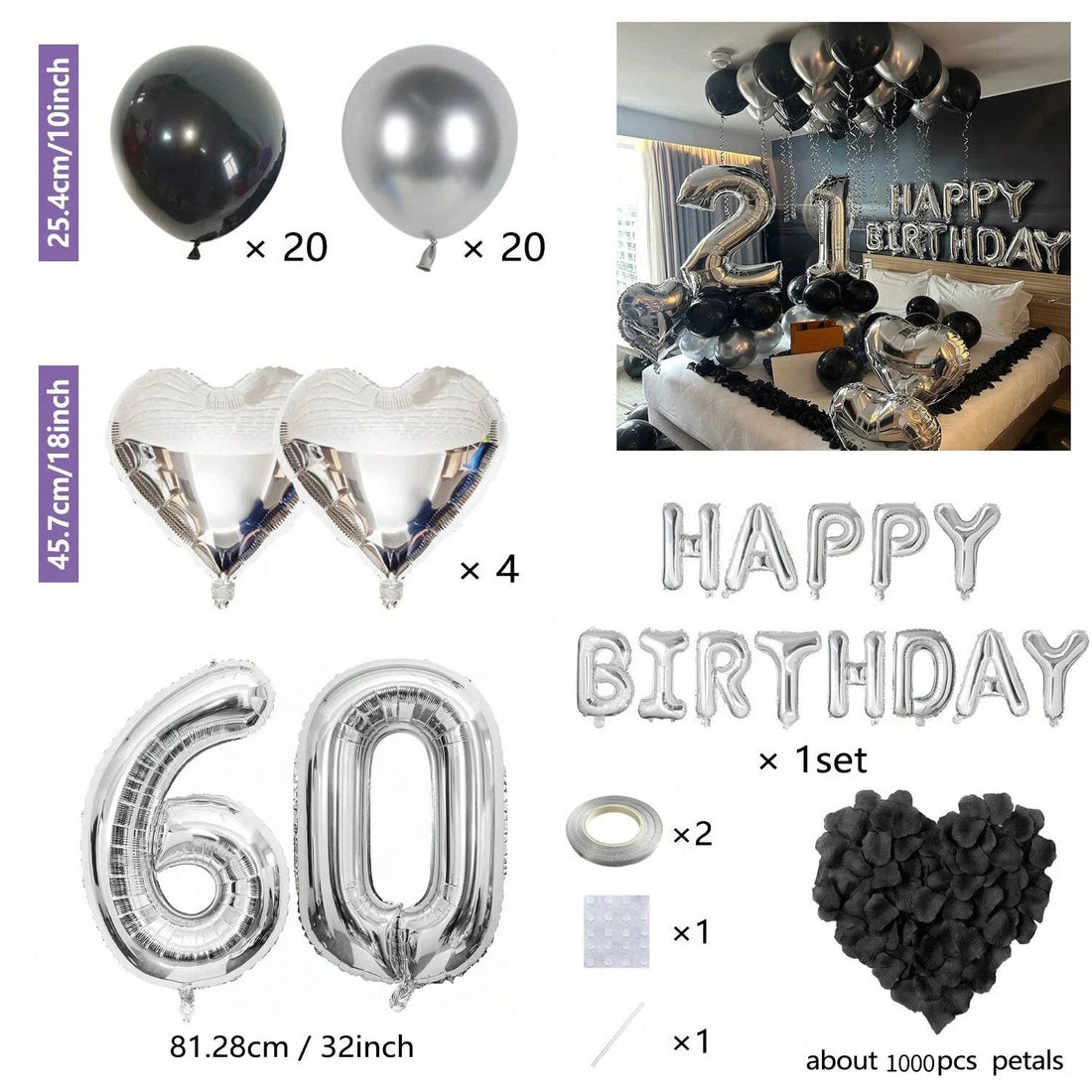 Black & Silver Birthday Party Balloon Decoration Set