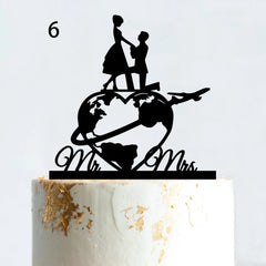 Mr & Mrs Travel Wedding Cake Topper World Map Bride Groom Acrylic Wood Voyage Wedding Theme Couples Anniversary Party Decoration