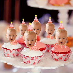 Custom Baby Photo Cupcake Toppers, Personalized Face Cake Picks with Party Hats for Kids 1st Birthday Party Decorations