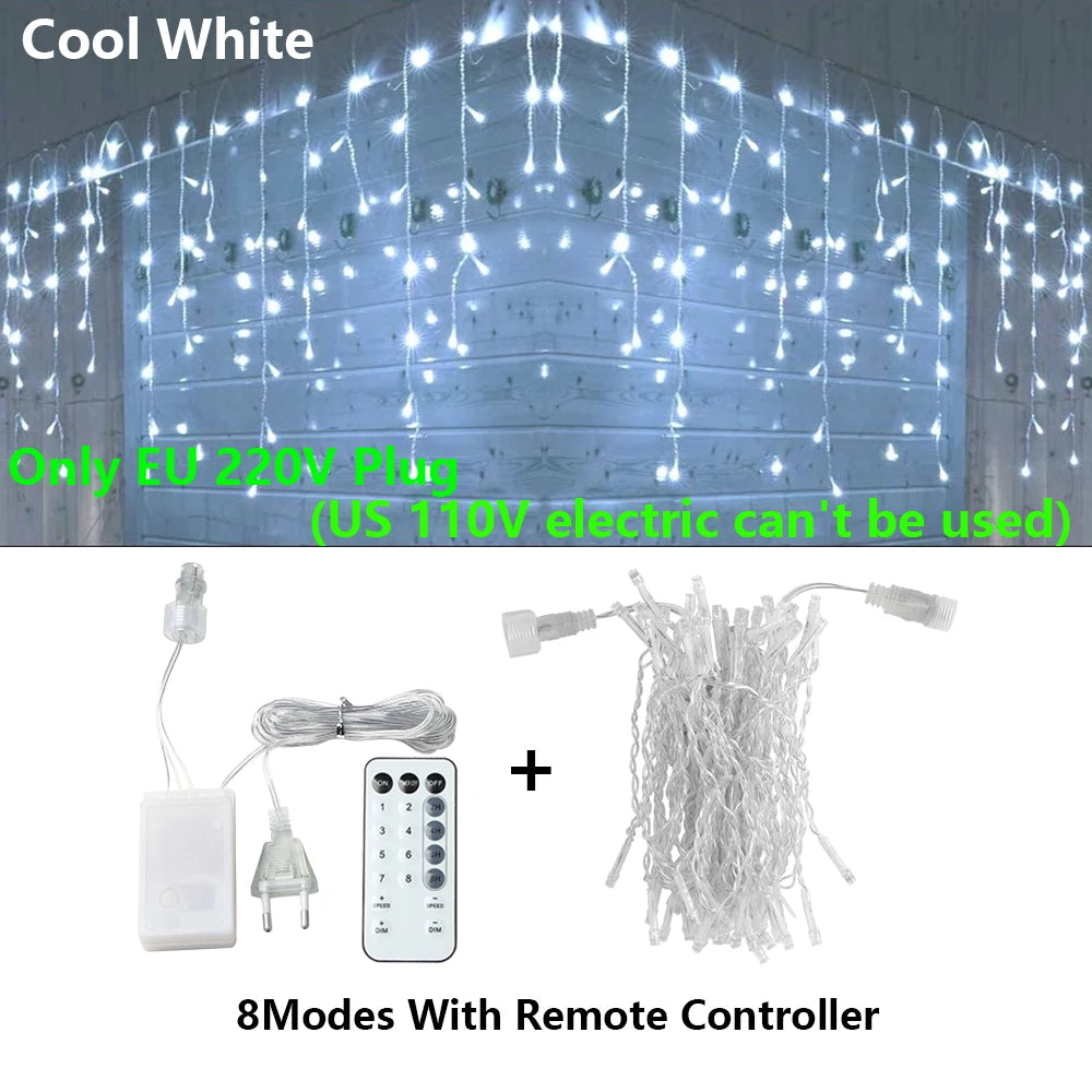 40M LED Curtain Icicle String Fairy Lights Garland Remote Outdoor For Christmas New Year Birthday Wedding Street Holiday Decor