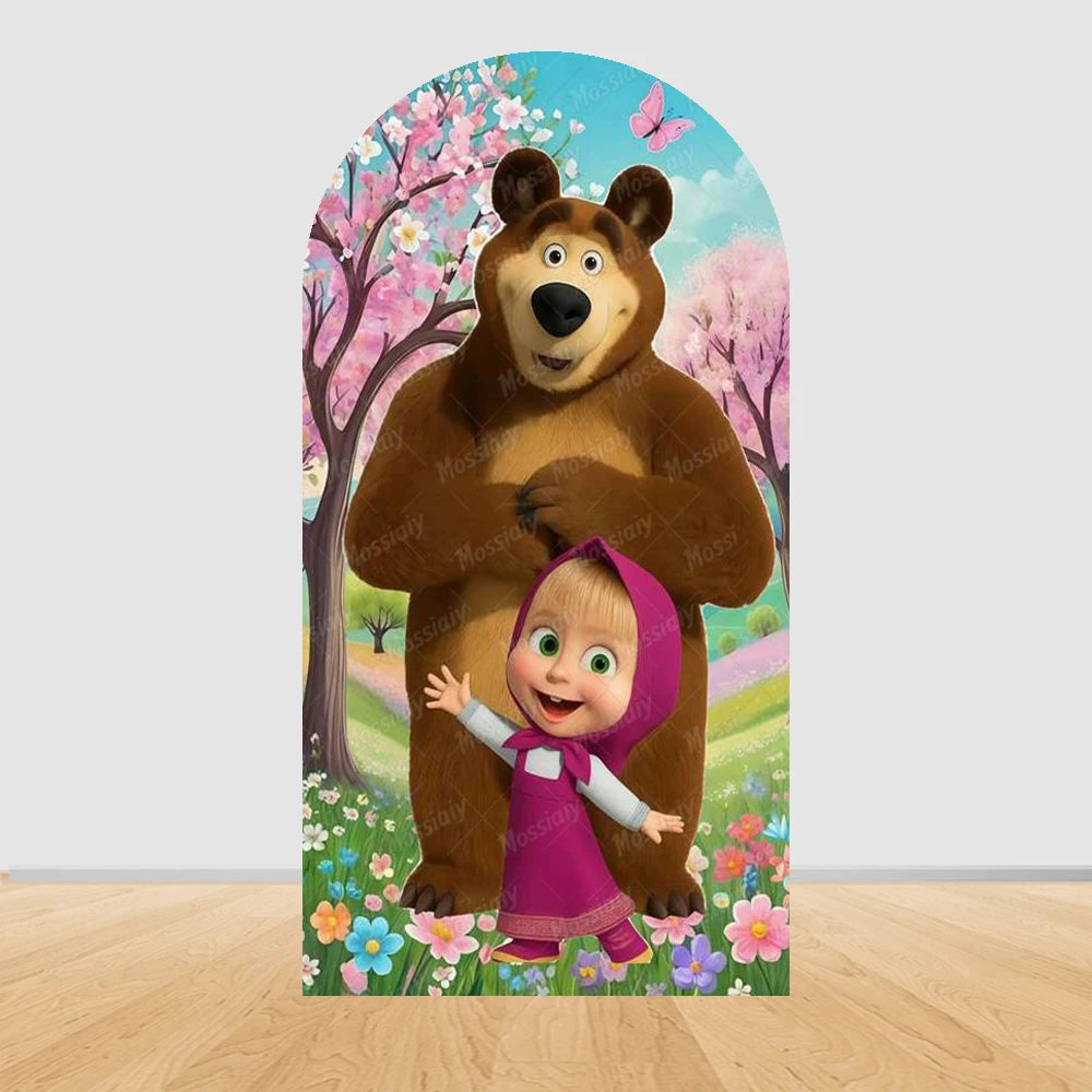 Children's Birthday Theme Arch Backdrop Girl and Bear Baby Shower Party Decor Kids Baptism Photo Photography Background Supplies