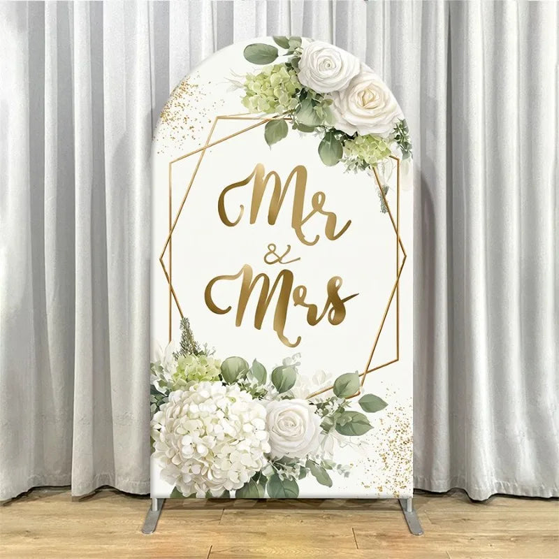 Single Side Arch Backdrop Cover Elegant White Arched Wedding Background with Gold Mr Mrs Calligraphy and Floral Arrangements