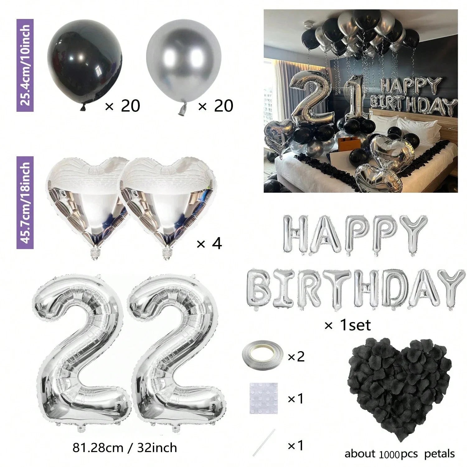 Black & Silver Birthday Party Balloon Decoration Set