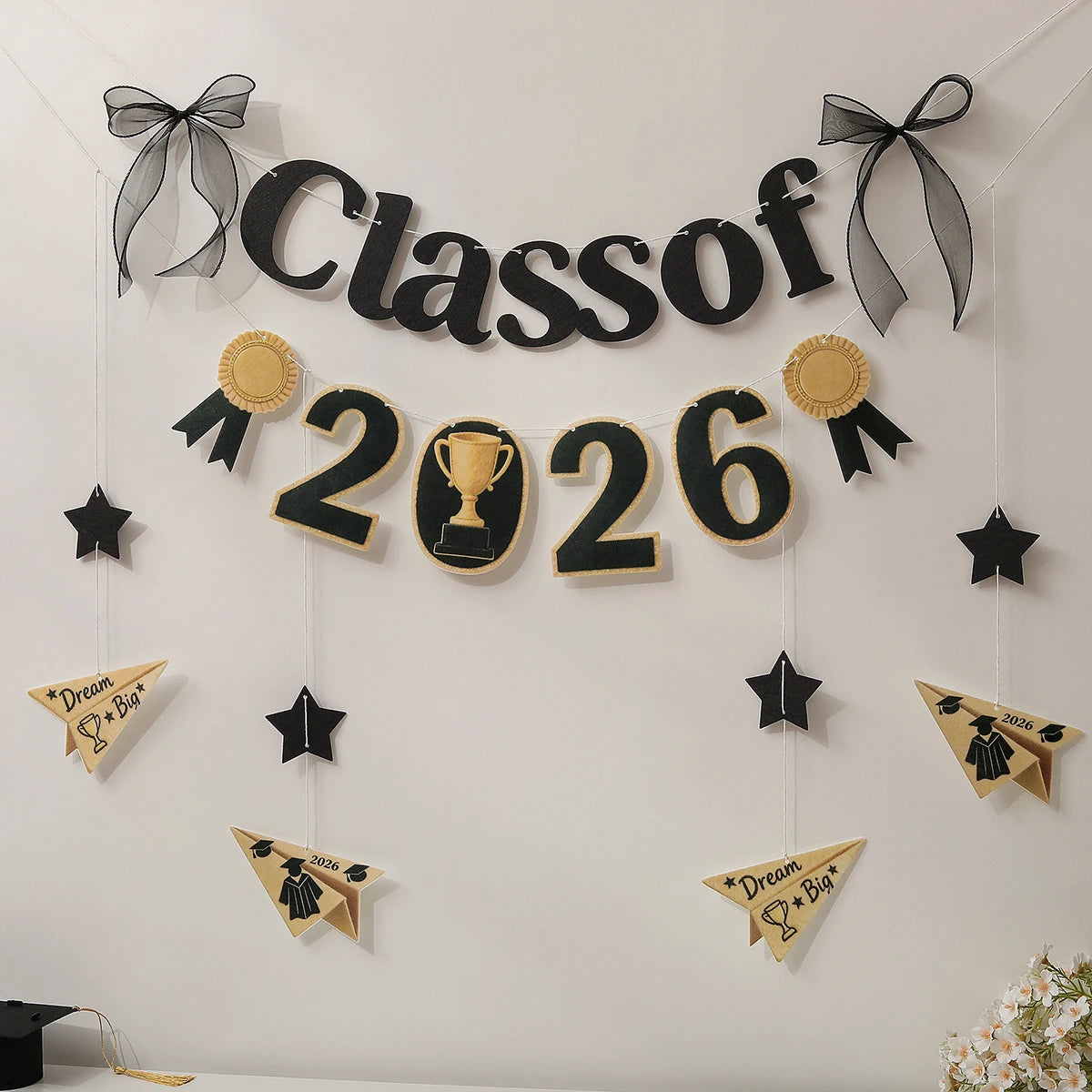2026 Graduation Decorations, Black and Gold Banner, Background Wall, Bow Hanging Ornaments