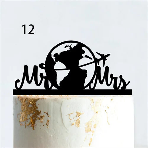 Mr & Mrs Travel Wedding Cake Topper World Map Bride Groom Acrylic Wood Voyage Wedding Theme Couples Anniversary Party Decoration