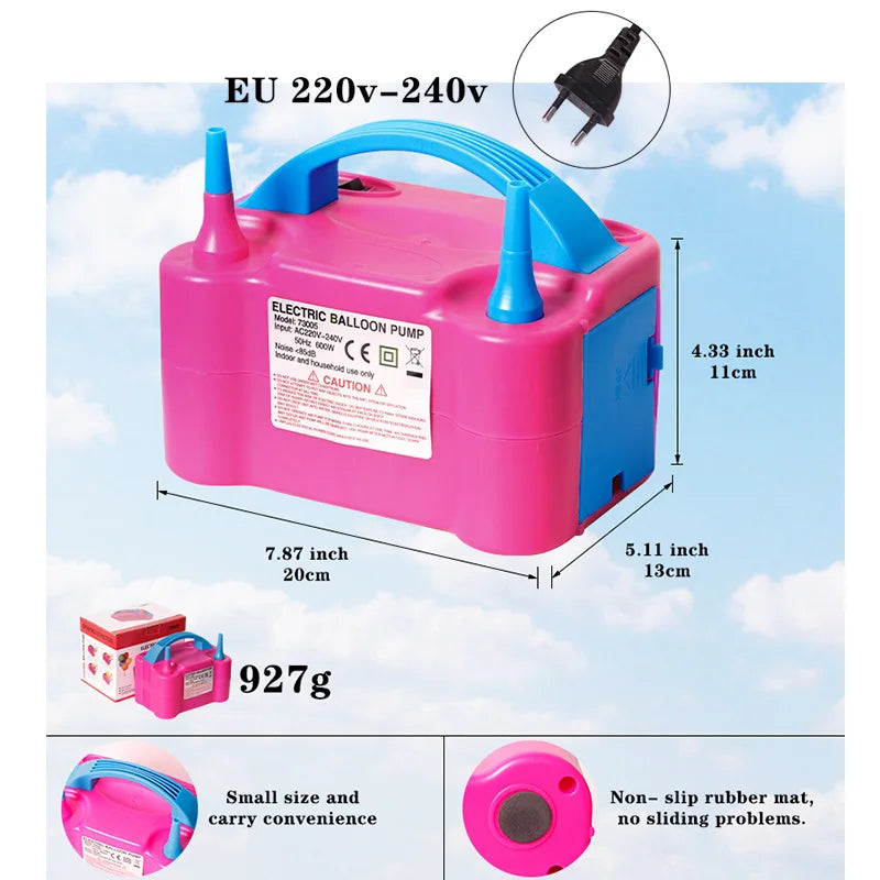 220V Electric Balloon Air Pump Inflator Dual-Nozzle Latex Globos Machine Blower for Birthday Party Arch Column Stand Inflatable