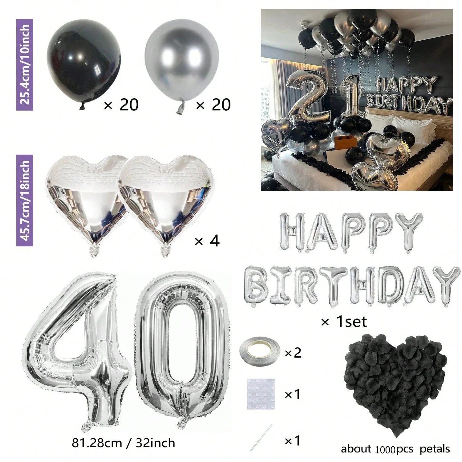 Black & Silver Birthday Party Balloon Decoration Set