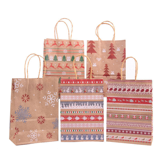 Christmas Kraft Paper Gift Bags Set of 5
